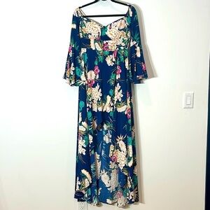 Tropical high low maxi off the shoulder dress with statement sleeves blue floral